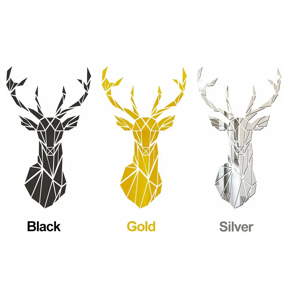 Multiple Sizes 3D Deer Head Stickers Mirror Surface Decals DIY Self-adhesive Wall Art