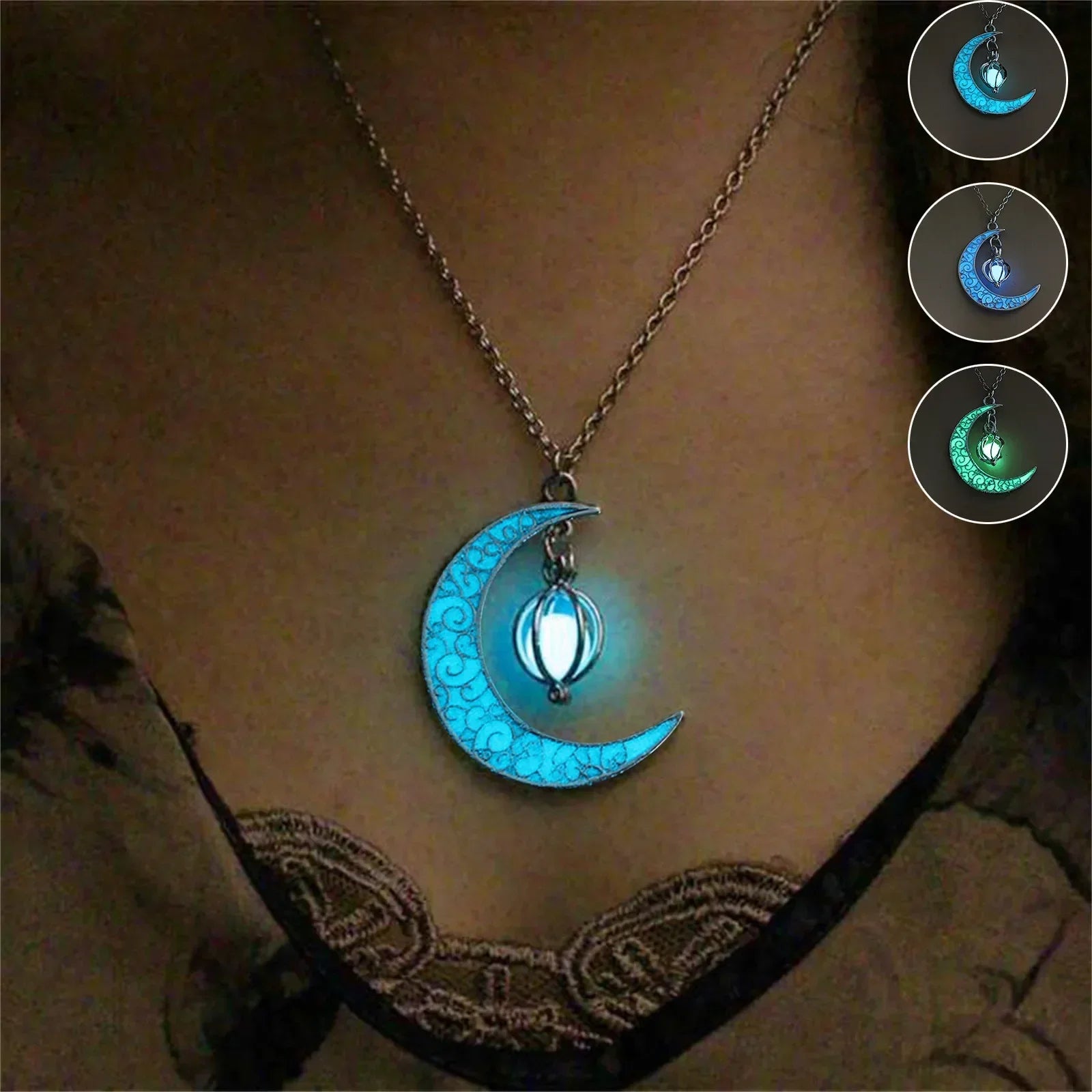 Womens Teen Girls Luminous Moon Necklace Moon Pendants Chain Choker Glow in The Dark
