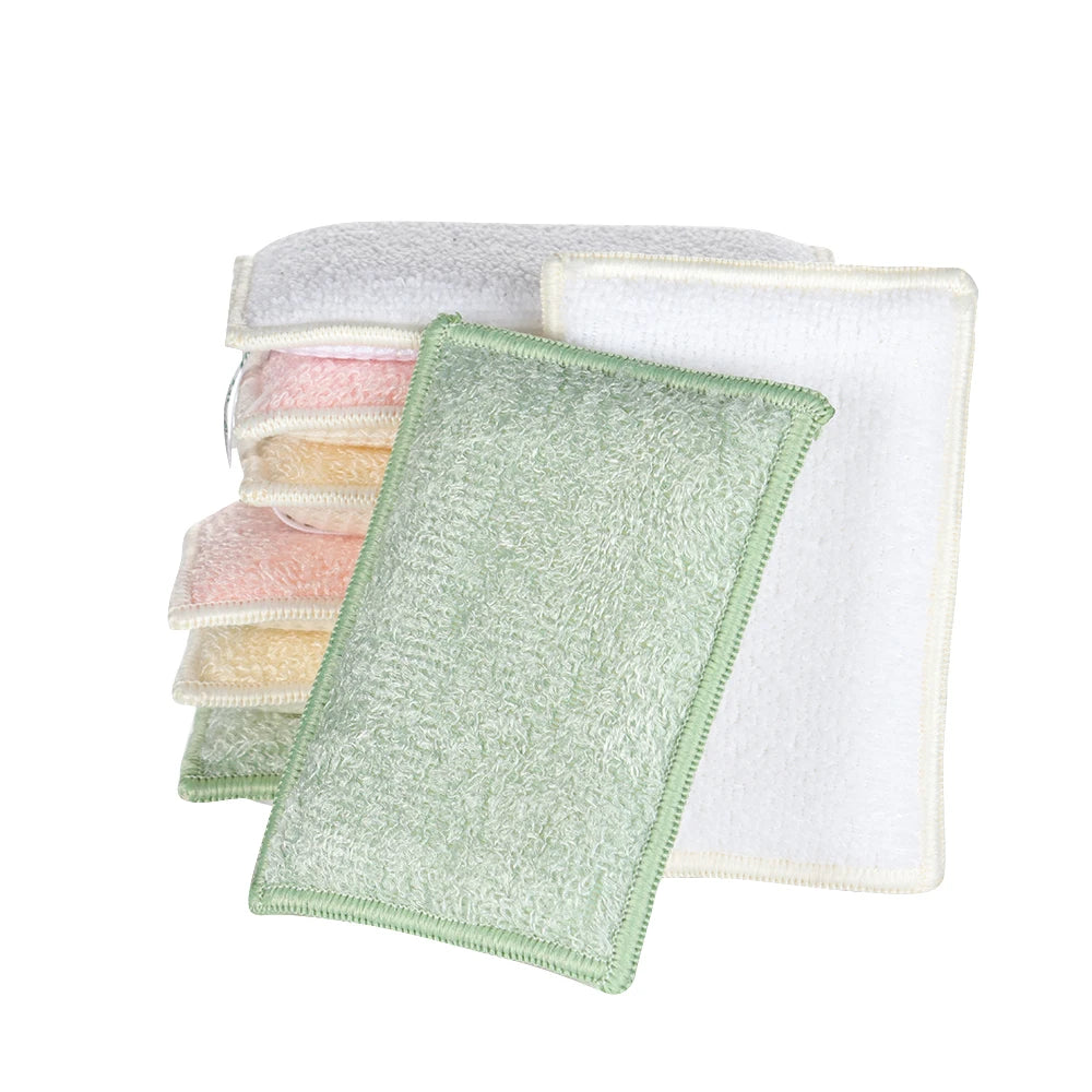 3pcs/set Bamboo Fiber Sponge Dishwashing Rag Scouring Pad Reusable Oil-free Double-sided