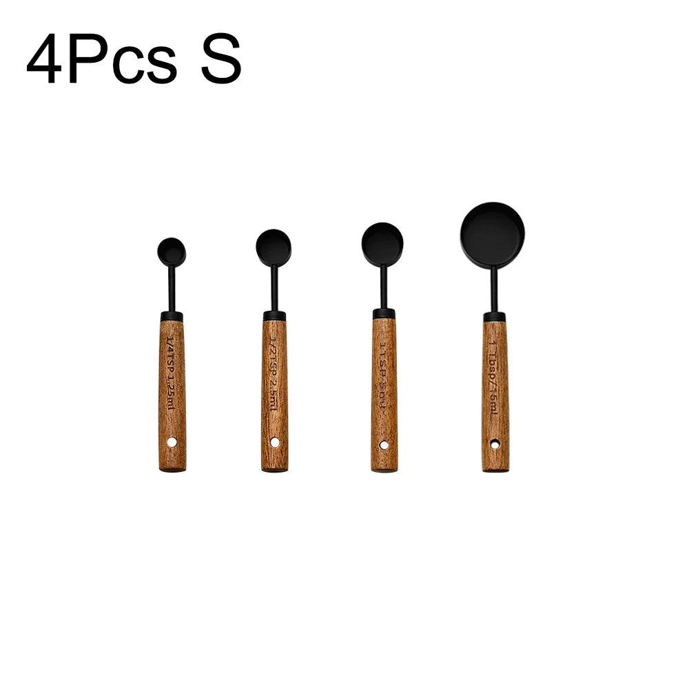 4PCS Black Wooden Handle Stainless Steel Measuring Cups Spoons Baking Tools Coffee