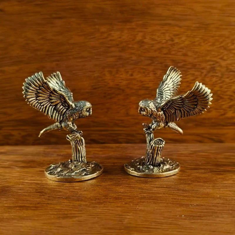 Antique Solid Brass Tree owl Miniature Figurines Retro Copper Animal Tea Pet Desktop Ornament