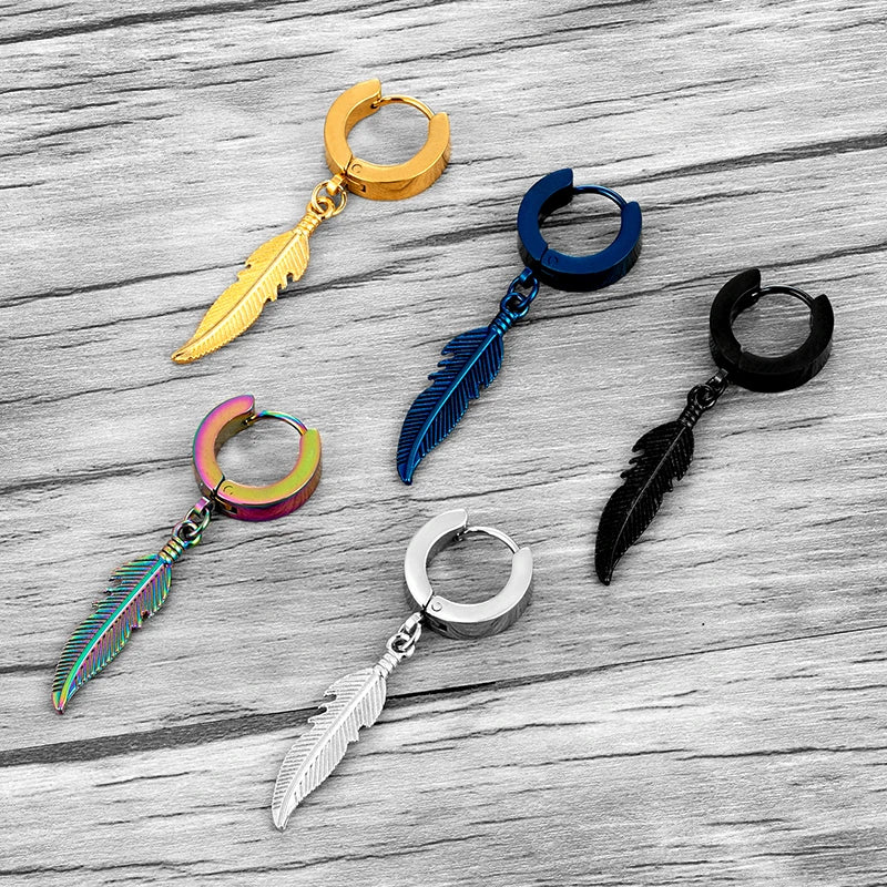 1 Pieces Simple Feather Pendant Ear Studs Man Women Stainless Steel Earrings Unisex Fashion