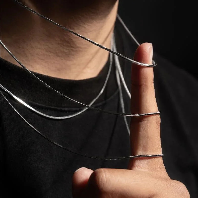 Punk Hip-hop 2MM Snake Link Chain 925 sterling silver Necklace for Men Women Silver Male