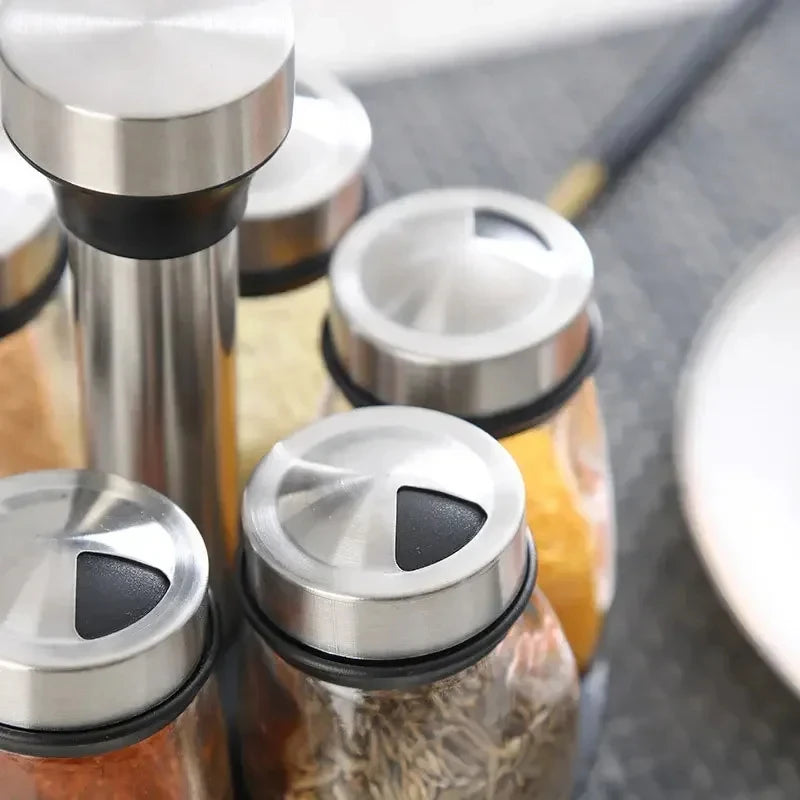 1/7pcs Spice Jar Set Rack Glass Organizer Rotating Glass Seasoning Sugar Pepper Bottles
