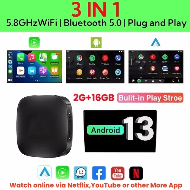 2+32G Ai Box Android 13 Wireless Android Auto & CarPlay Smart Tv Box Support Youtube Netflix Car