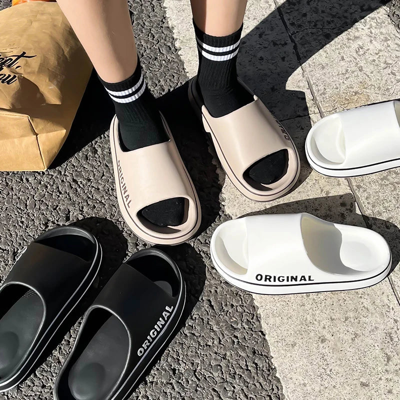 Feslishoet Women Letter Slippers Beach Slides Solid Color Mens Thick Sole