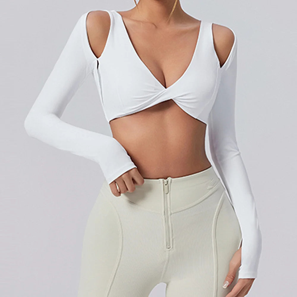 2025 Pad Nylon Cross Long Sleeve Women Nude Fake 2Pcs Yoga Crop Tops Fitness Female