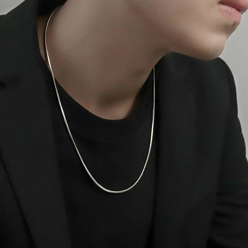 Punk Hip-hop 2MM Snake Link Chain 925 sterling silver Necklace for Men Women Silver Male