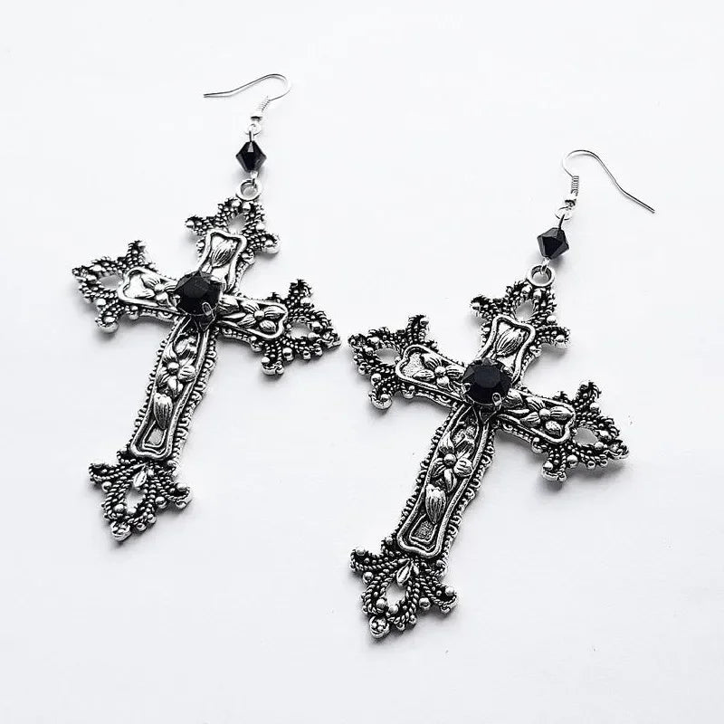 Goth Large Detailed Cross Black Drill Jewel Earrings Silver Color Gothic Punk Jewellery Fashion