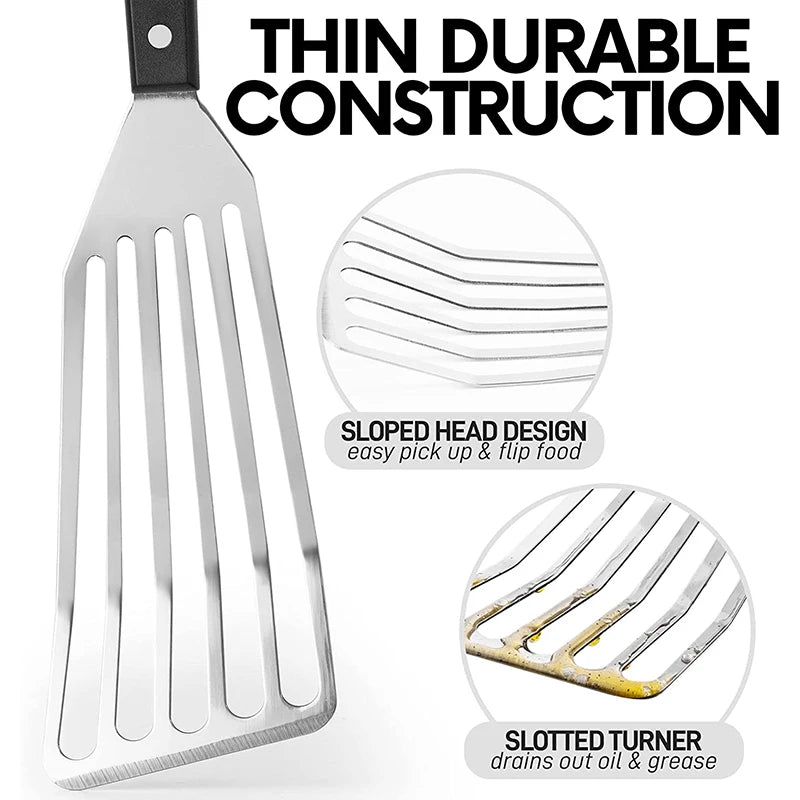 Metal Frying Spatula for Cast Iron Skillet, Fish Egg Grill Spatula Set Slotted Turner with Sloped Head
