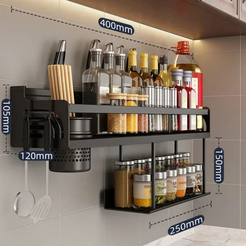 Kitchen Shelf Wall-Mounted Spice Storage Racks Kitchen Knife Holder Seasoning Shelf Organizer
