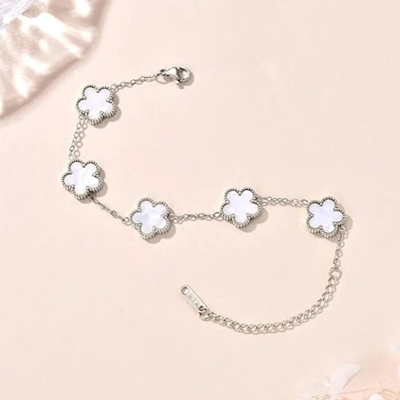Lucky Clover Women's Hand Bracelets Double Sided Flowers Jewellery Gifts Stainless Steel