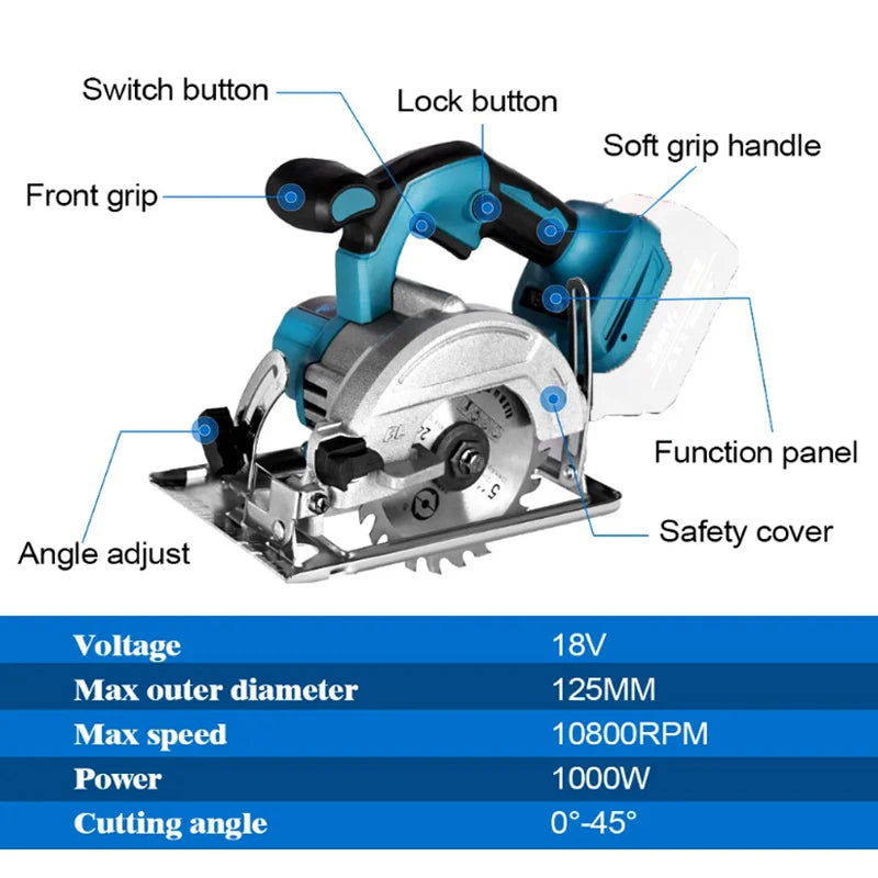 Brushless 5 Inch 125mm Electric Circular Saw Cordless 0-45° Adjustbale Woodworking Cutting