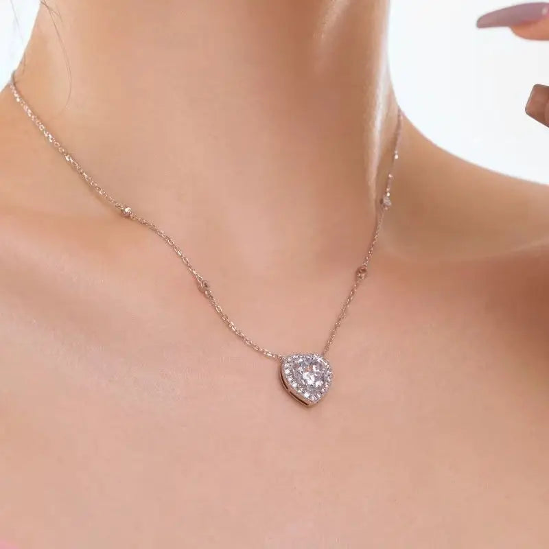 Genuine S925 Sterling Silver 10mm Heart Cubic Zirconia Pendant Necklace Adjustable