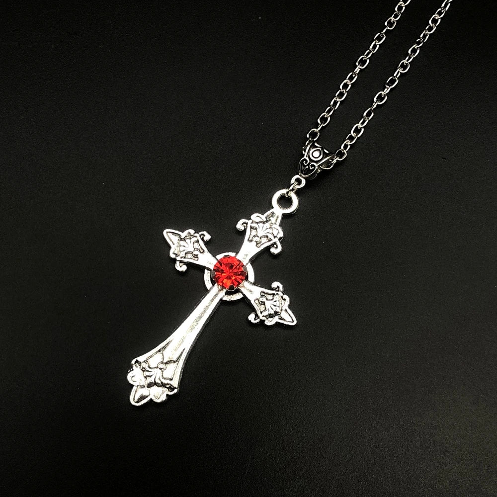 Large Detailed Cross Drill Pendant Jewel Necklace Silver Color Tone Gothic Punk Jewellery Fashion