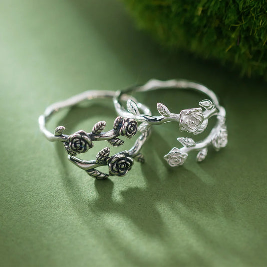 925 Sterling Silver Roses Branch Adjustable Rings For Women Engagement Wedding Female