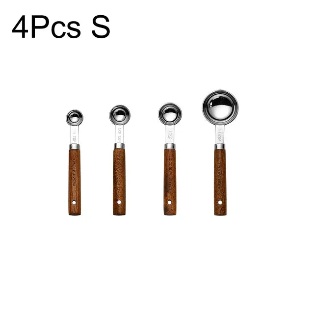 4PCS Black Wooden Handle Stainless Steel Measuring Cups Spoons Baking Tools Coffee