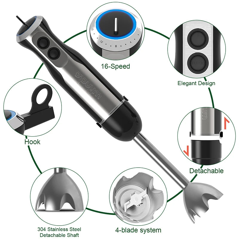 Wancle Electric Immersion Hand Blender Mixer 1000W 5 in 1 Powerful Kitchen Blender