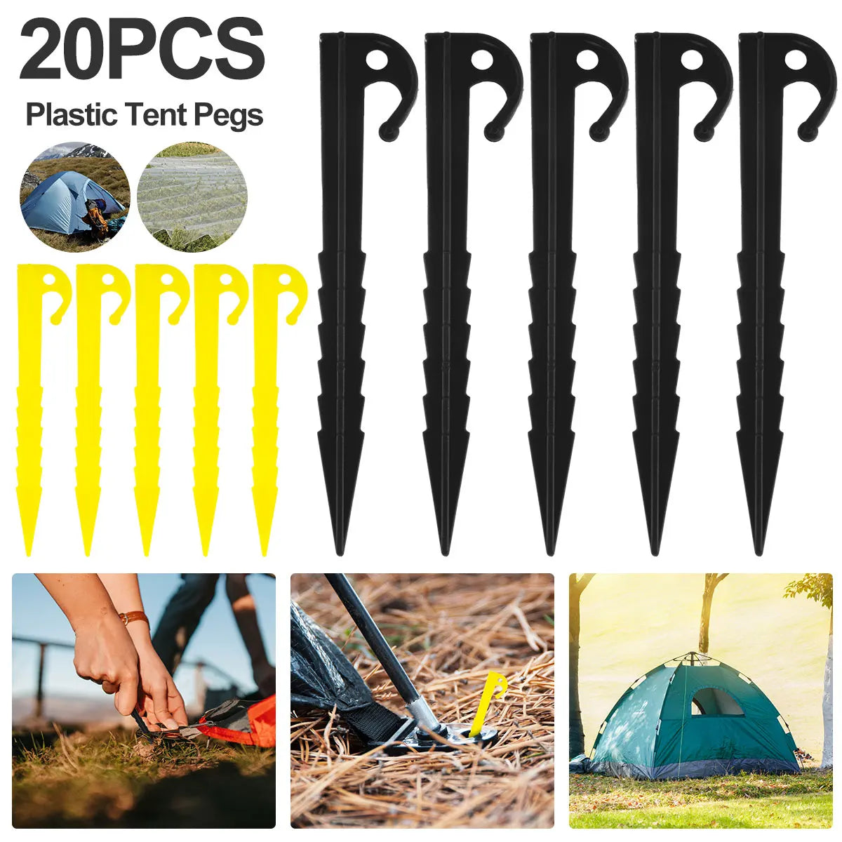 20pcs Plastics Tent Stakes Heavy Duty Tent Pegs 5.7inch Tent Pegs Spike Hook Lengthen Spiral Type
