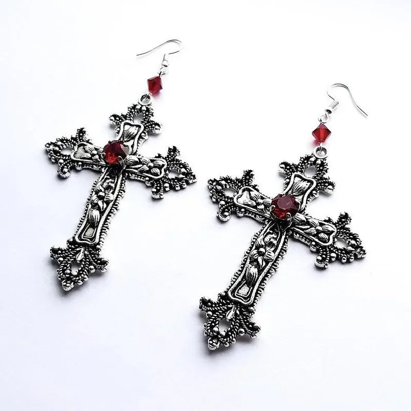 Goth Large Detailed Cross Black Drill Jewel Earrings Silver Color Gothic Punk Jewellery Fashion