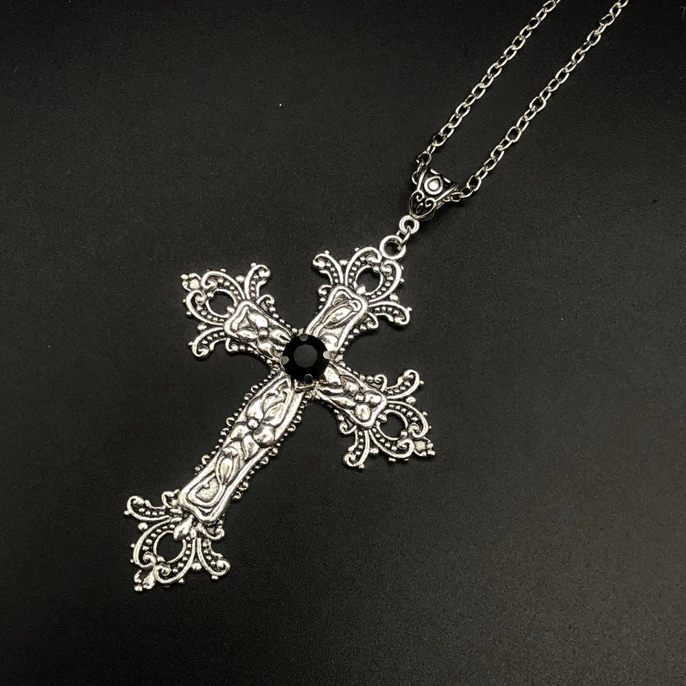 Large Detailed Cross Drill Pendant Jewel Necklace Silver Color Tone Gothic Punk Jewellery Fashion
