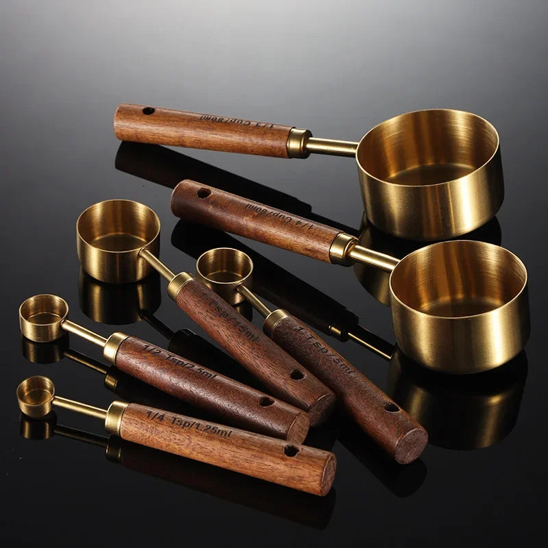 Measuring Cups Set Kitchen Measuring Spoon Set Wooden Handle Stainless Steel