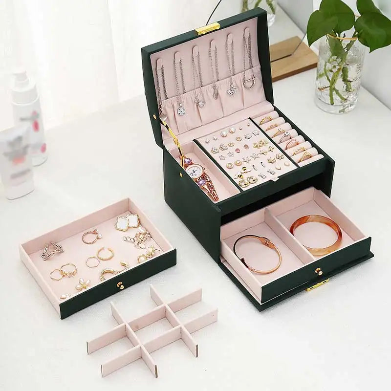 Three Drawer Handheld Jewellery Box Earring Ring Necklace Storage Box PU Leather