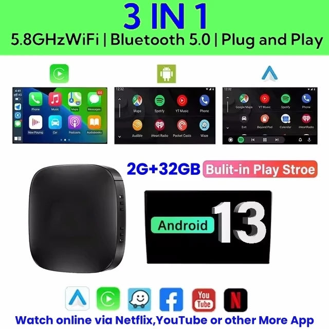 2+32G Ai Box Android 13 Wireless Android Auto & CarPlay Smart Tv Box Support Youtube Netflix Car
