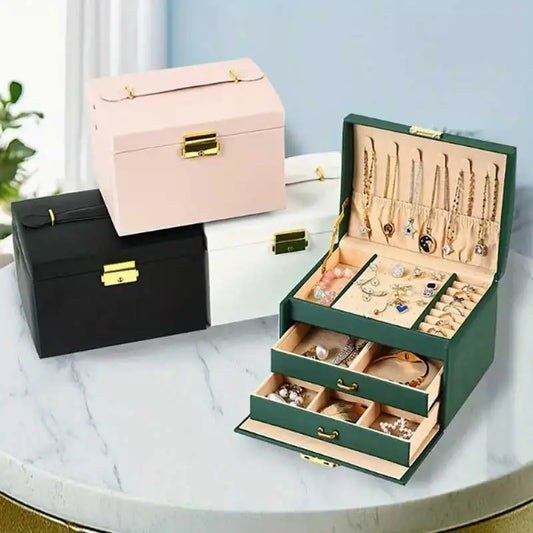 Three Drawer Handheld Jewellery Box Earring Ring Necklace Storage Box PU Leather