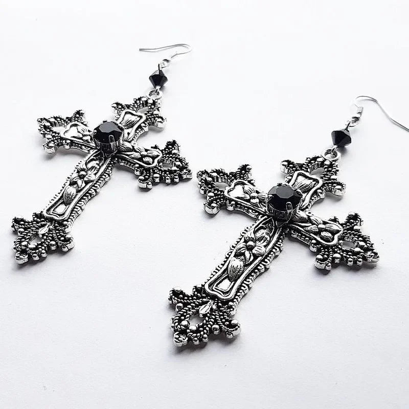 Goth Large Detailed Cross Black Drill Jewel Earrings Silver Color Gothic Punk Jewellery Fashion