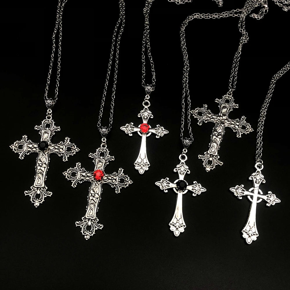 Large Detailed Cross Drill Pendant Jewel Necklace Silver Color Tone Gothic Punk Jewellery Fashion