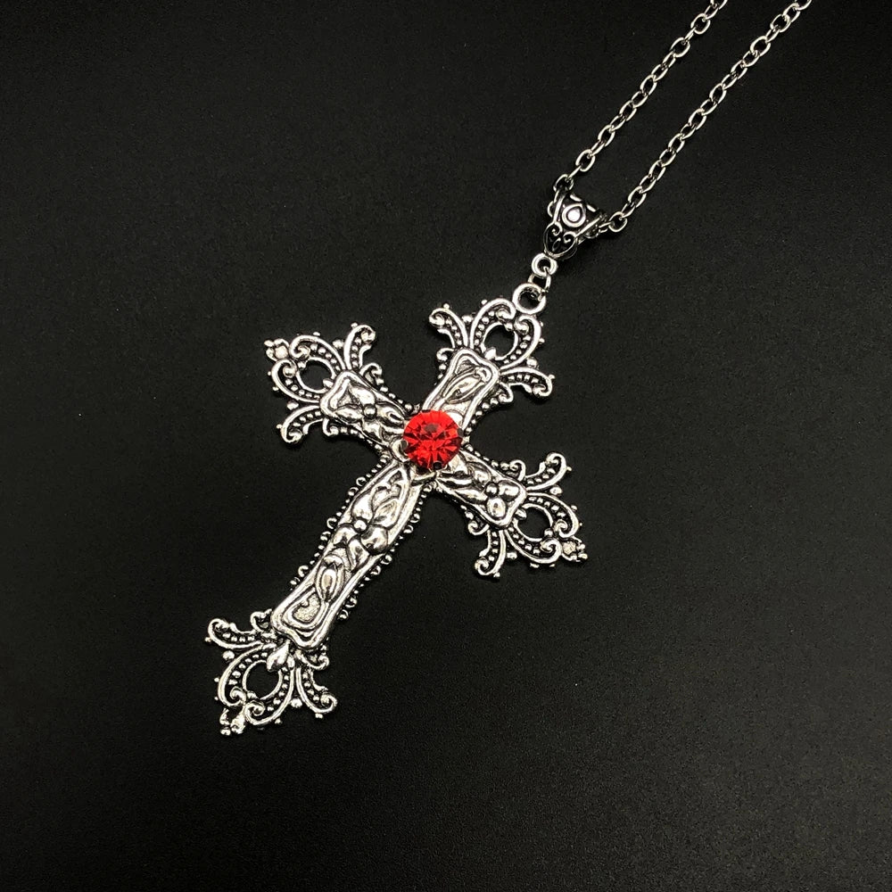 Large Detailed Cross Drill Pendant Jewel Necklace Silver Color Tone Gothic Punk Jewellery Fashion