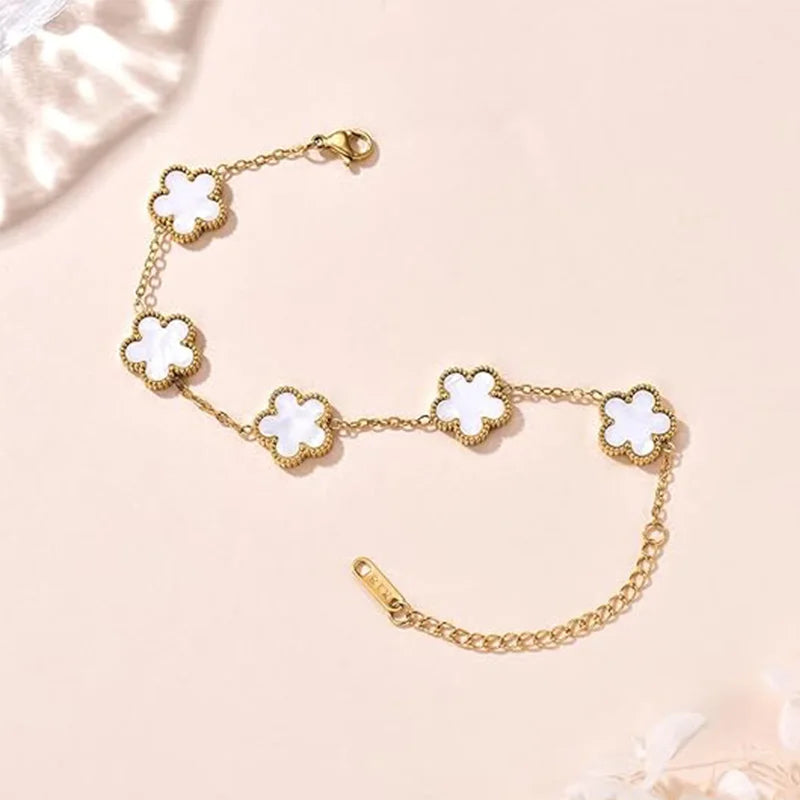 Lucky Clover Women's Hand Bracelets Double Sided Flowers Jewellery Gifts Stainless Steel
