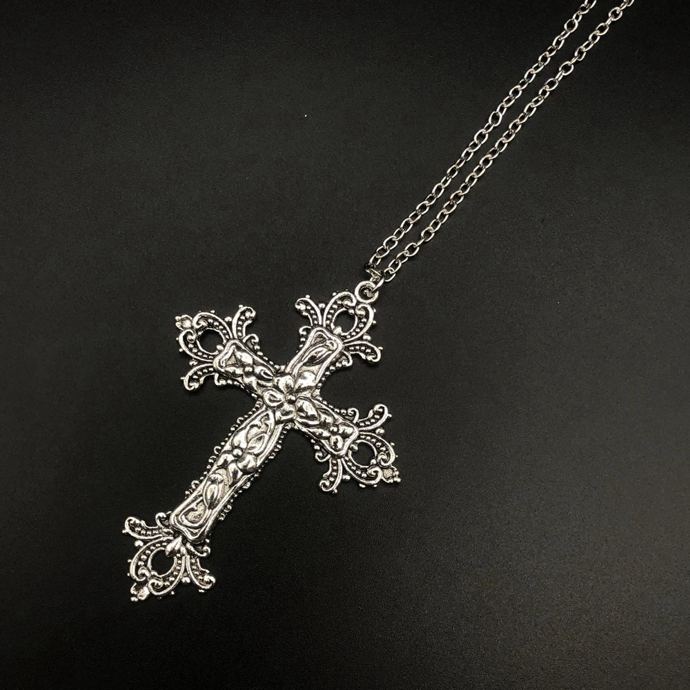 Large Detailed Cross Drill Pendant Jewel Necklace Silver Color Tone Gothic Punk Jewellery Fashion