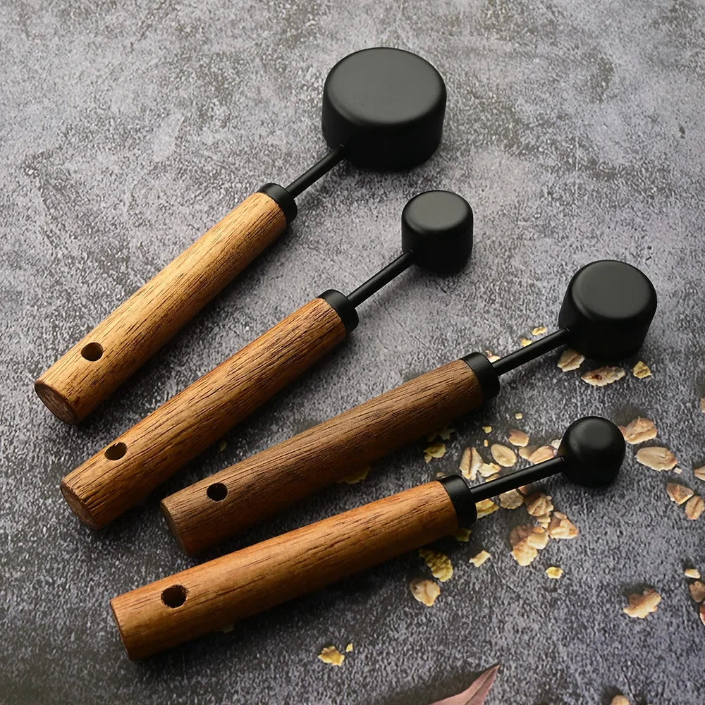 4PCS Black Wooden Handle Stainless Steel Measuring Cups Spoons Baking Tools Coffee