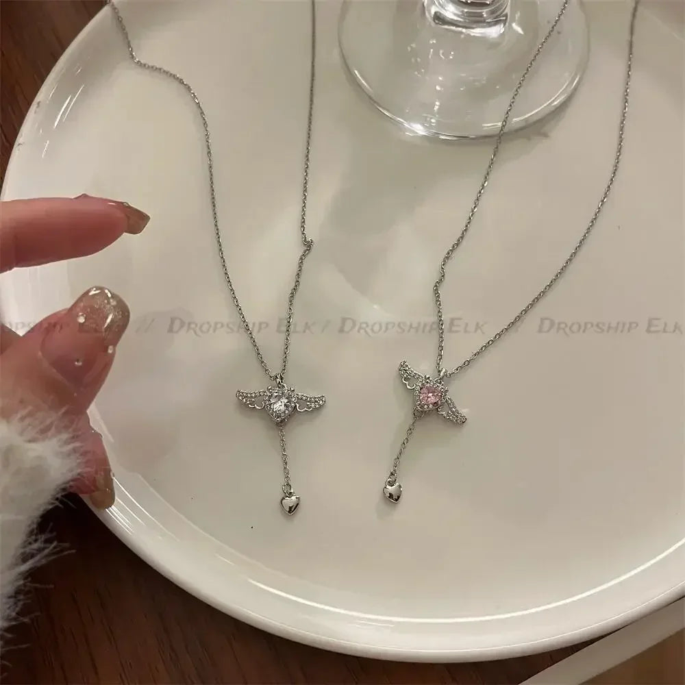 925 Sterling Silver Heart Angel Wings Pendant Choker Necklaces For Women Aesthetic Jewelry