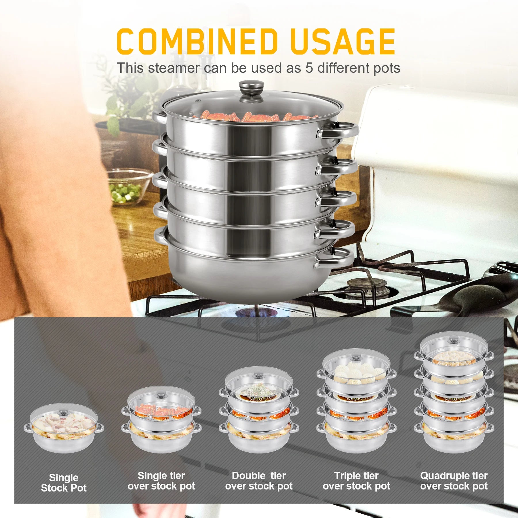 304 Stainless Steel 5 Tier Steamer Cooker Pot Kitchen Food Cooking + Glass lid 30cm Double