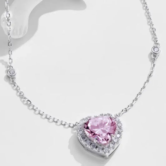 Genuine S925 Sterling Silver 10mm Heart Cubic Zirconia Pendant Necklace Adjustable