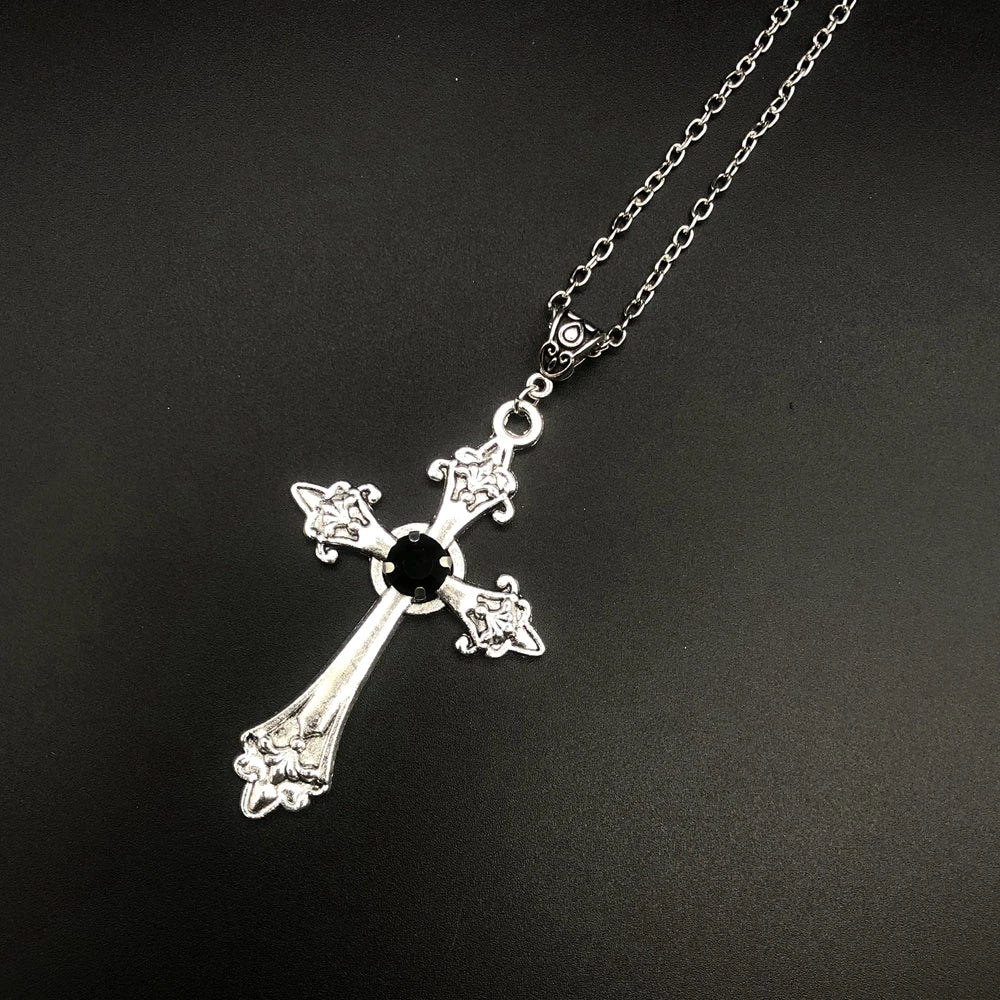 Large Detailed Cross Drill Pendant Jewel Necklace Silver Color Tone Gothic Punk Jewellery Fashion