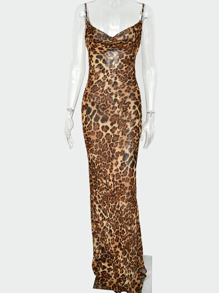 Julissa Mo Leopard Print V-Neck Sexy Bodycon Long Dress Women Lace Up Backless