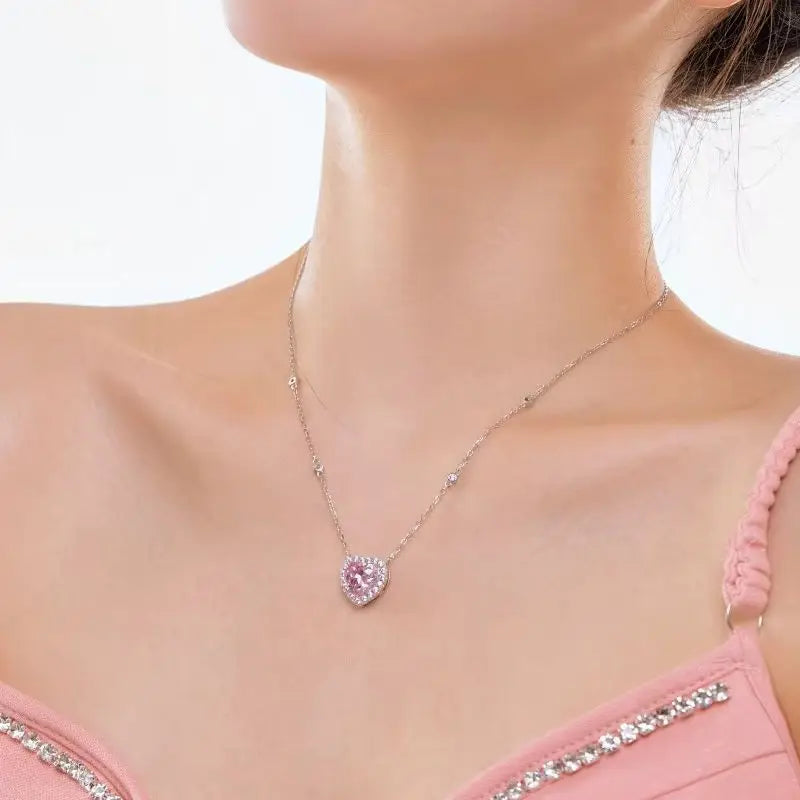 Genuine S925 Sterling Silver 10mm Heart Cubic Zirconia Pendant Necklace Adjustable
