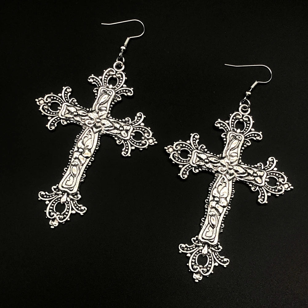 Large Detailed Cross Drill Pendant Jewel Necklace Silver Color Tone Gothic Punk Jewellery Fashion