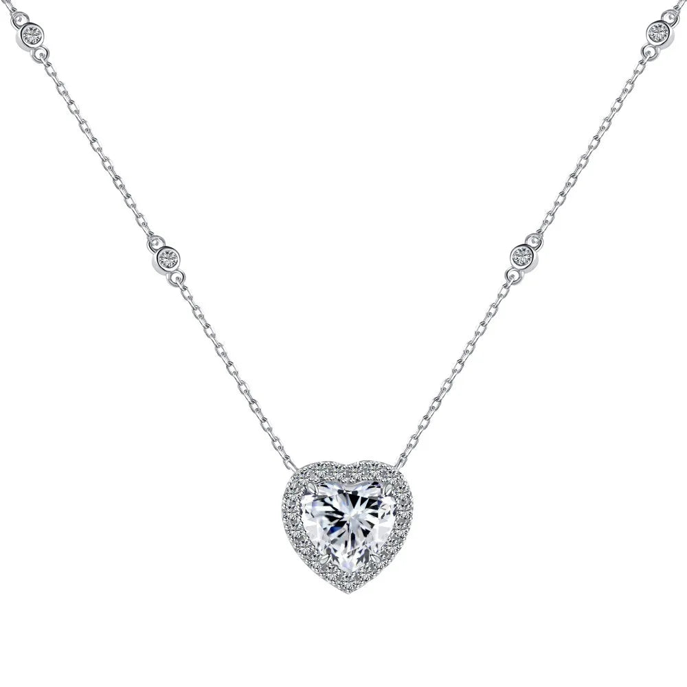 Genuine S925 Sterling Silver 10mm Heart Cubic Zirconia Pendant Necklace Adjustable