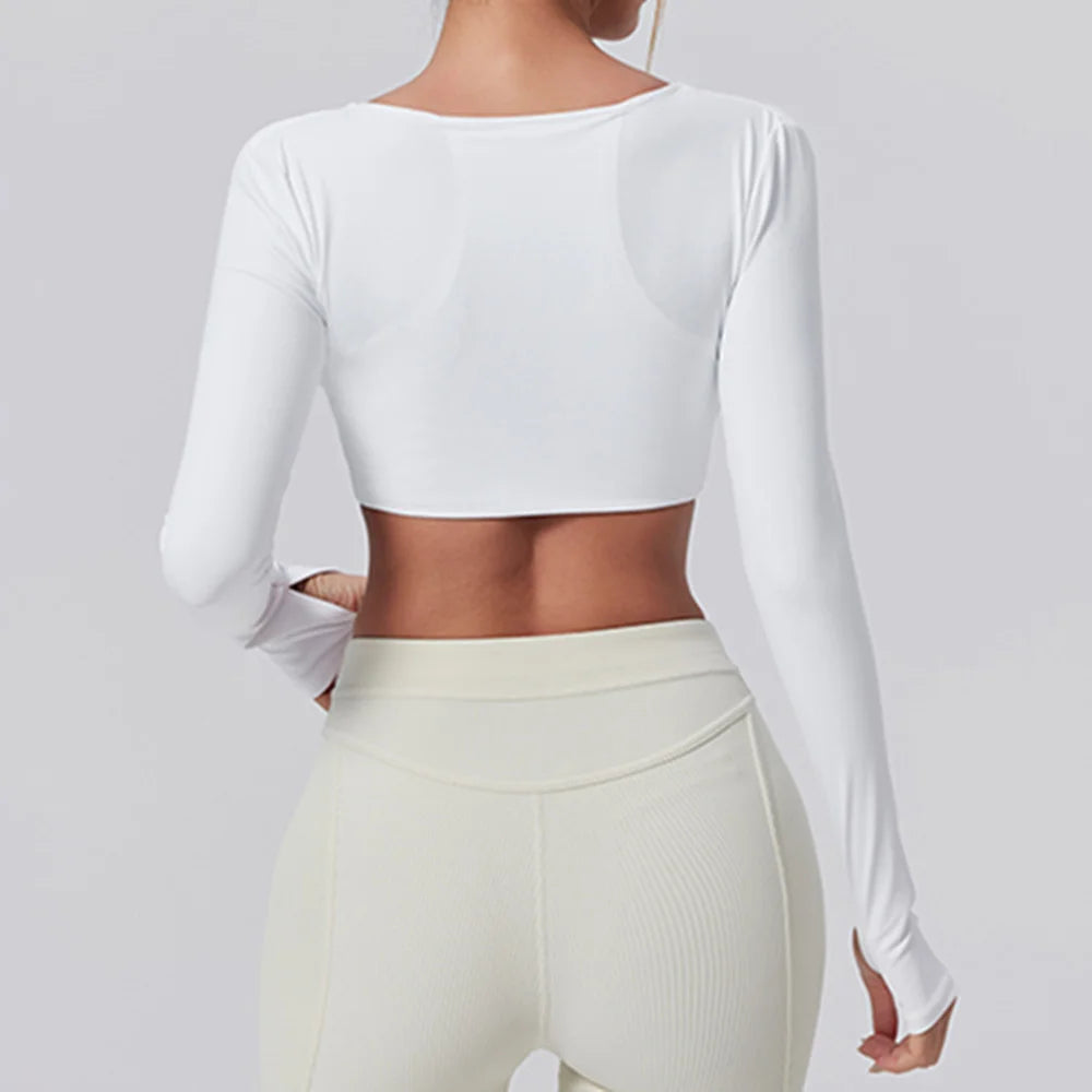 2025 Pad Nylon Cross Long Sleeve Women Nude Fake 2Pcs Yoga Crop Tops Fitness Female