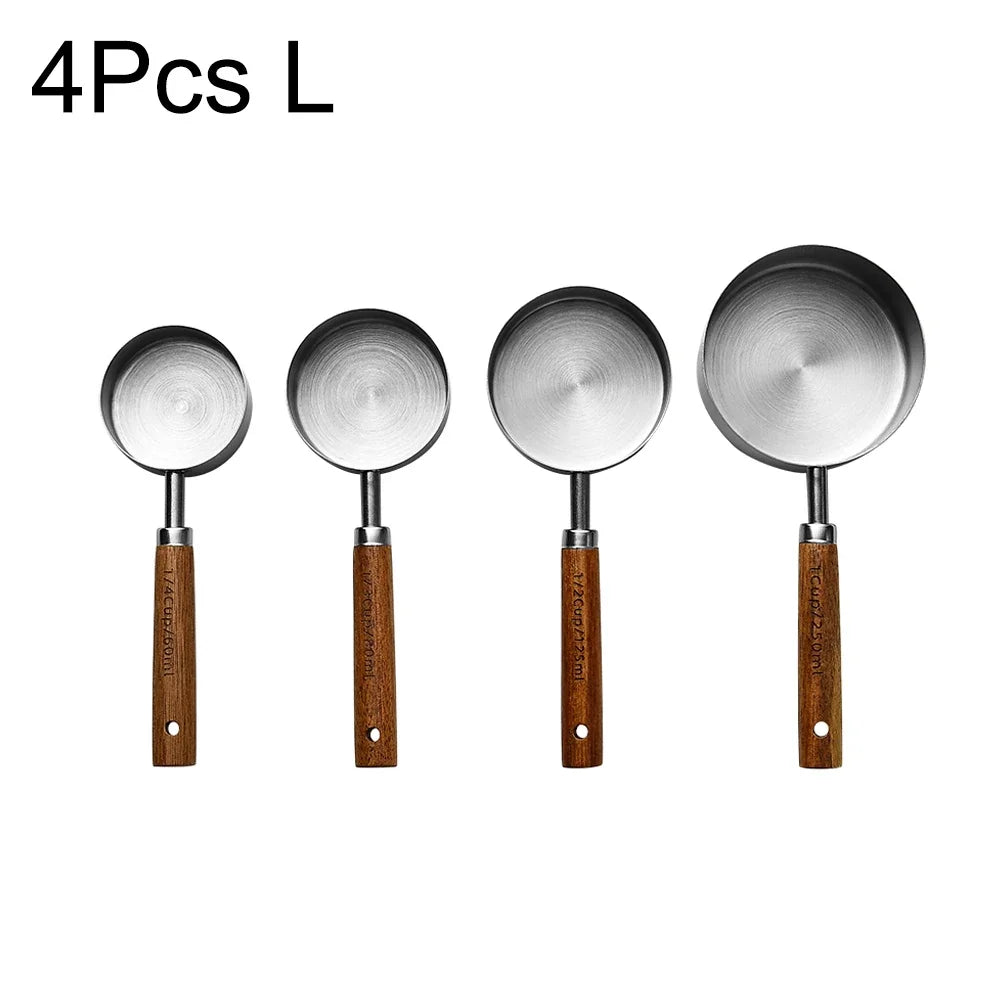 4PCS Black Wooden Handle Stainless Steel Measuring Cups Spoons Baking Tools Coffee